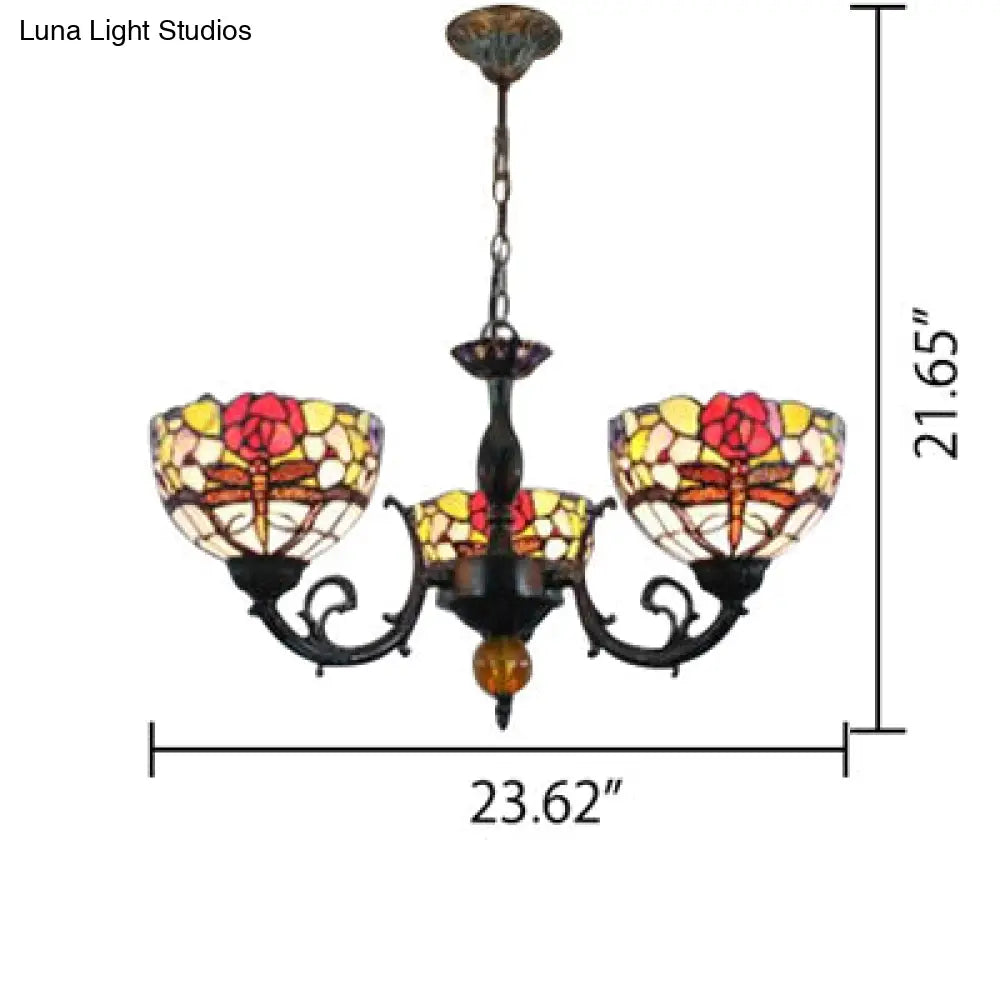 Stained Glass 3-Light Ceiling Pendant Chandelier - Retro Bowl Design With Dragonfly And Flower