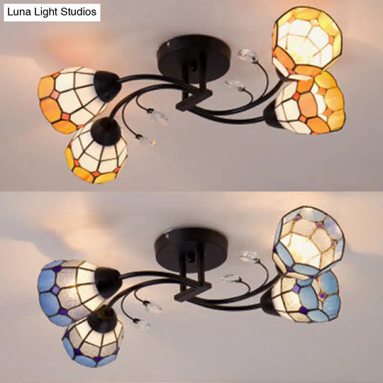 Stained Glass Bell Semi Flushmount With Crystal Decoration And Leaf/Blue Square/Sky Blue