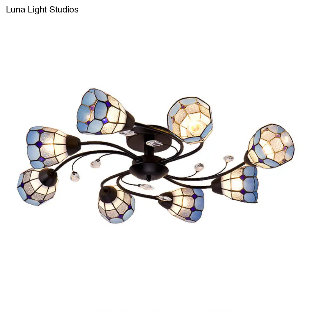 Stained Glass Bell Semi Flushmount With Crystal Decoration And Leaf/Blue Square/Sky Blue