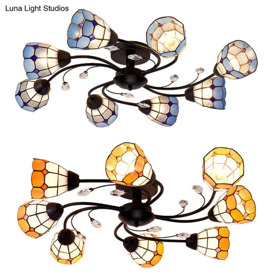 Stained Glass Bell Semi Flushmount With Crystal Decoration And Leaf/Blue Square/Sky Blue