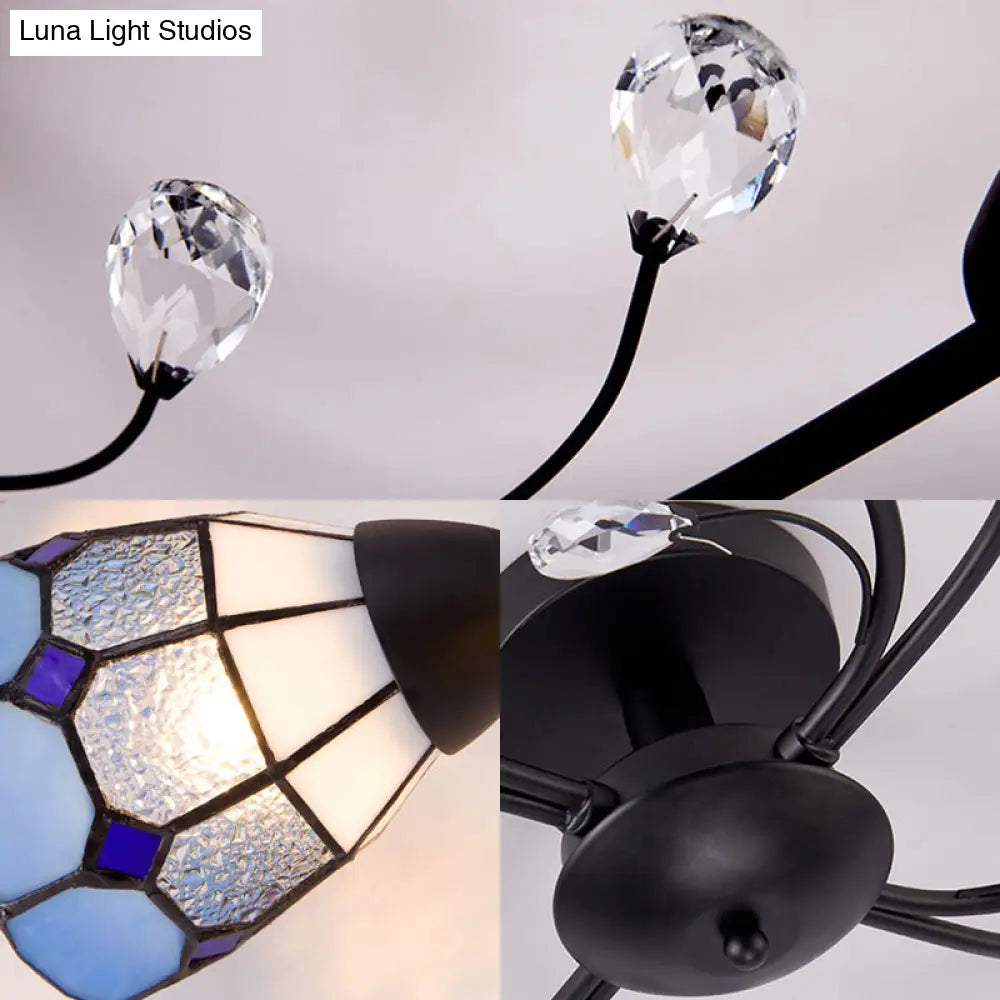 Stained Glass Bell Semi Flushmount With Crystal Decoration And Leaf/Blue Square/Sky Blue