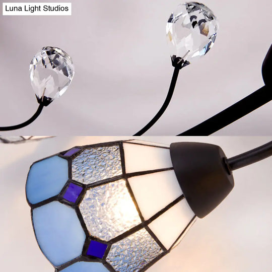 Stained Glass Bell Semi Flushmount With Crystal Decoration And Leaf/Blue Square/Sky Blue