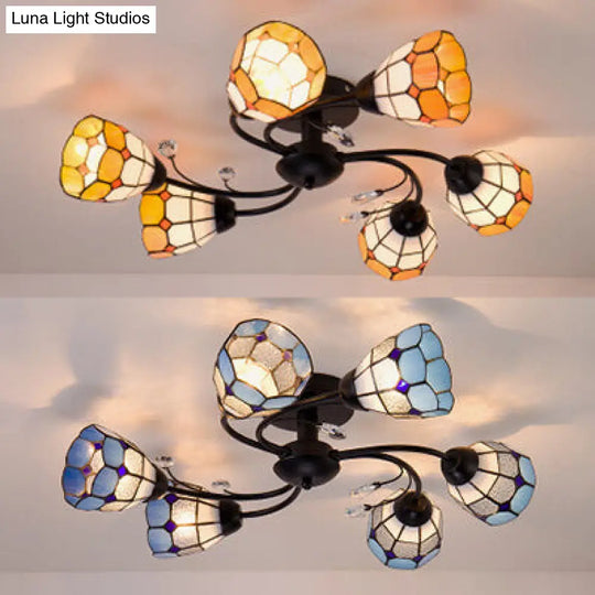 Stained Glass Bell Semi Flushmount With Crystal Decoration And Leaf/Blue Square/Sky Blue