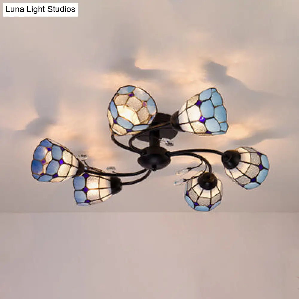 Stained Glass Bell Semi Flushmount With Crystal Decoration And Leaf/Blue Square/Sky Blue