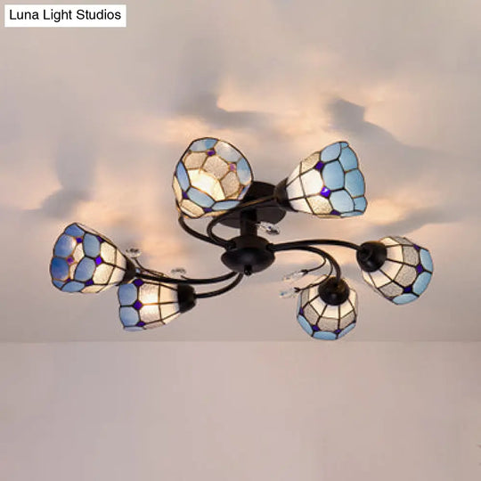 Stained Glass Bell Semi Flushmount With Crystal Decoration And Leaf/Blue Square/Sky Blue