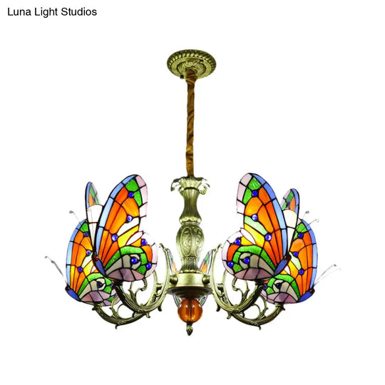 Stained Glass Butterfly Chandelier: Orange Yellow & Green Colors 3/5 Bulbs Perfect For Bedroom