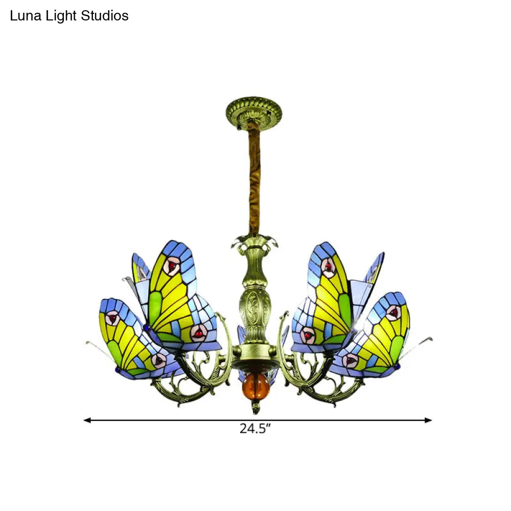 Stained Glass Butterfly Chandelier: Tiffany Style Lamp With Orange/Yellow And Green Suspension