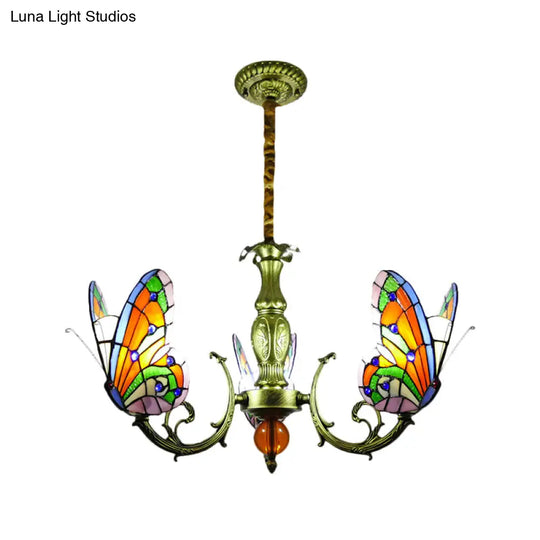 Stained Glass Butterfly Chandelier: Orange Yellow & Green Colors 3/5 Bulbs Perfect For Bedroom
