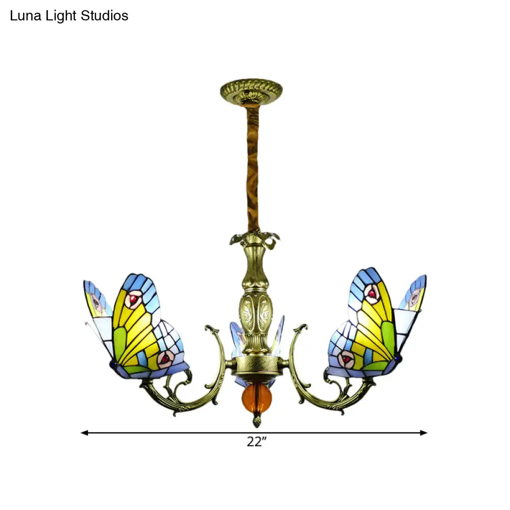 Stained Glass Butterfly Chandelier: Orange Yellow & Green Colors 3/5 Bulbs Perfect For Bedroom