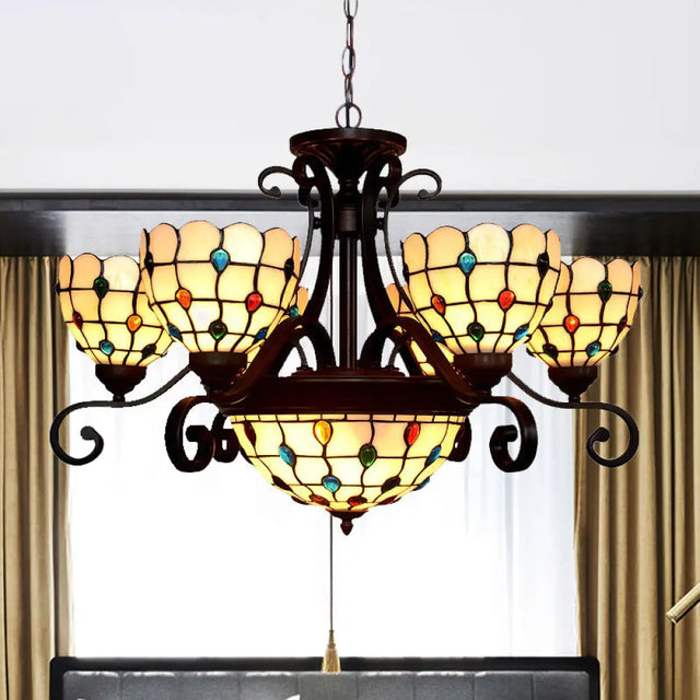 Stained Glass Chandelier Light Tiffany - Domed Design 9 Lights White/Red/Beige Ideal For Living