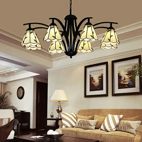 Stained Glass Cone Chandelier With Leaf Pattern - Traditional Ceiling Pendant Light In Blue/Green
