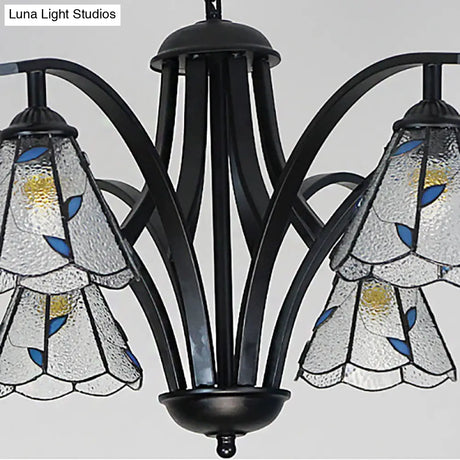 Stained Glass Cone Chandelier With Leaf Pattern - Traditional Ceiling Pendant Light In Blue/Green