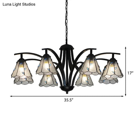 Stained Glass Cone Chandelier With Leaf Pattern - Traditional Ceiling Pendant Light In Blue/Green
