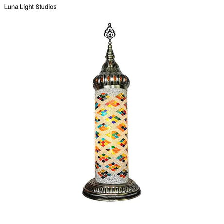 Stained Glass Cylinder Bedroom Table Lamp With Led Night Light - Traditional Design In