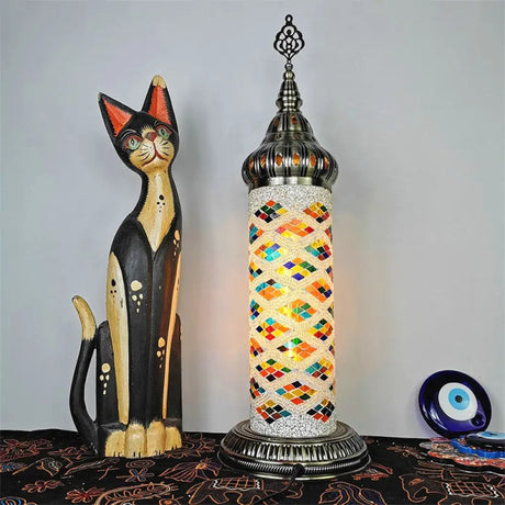 Stained Glass Cylinder Bedroom Table Lamp With Led Night Light - Traditional Design In