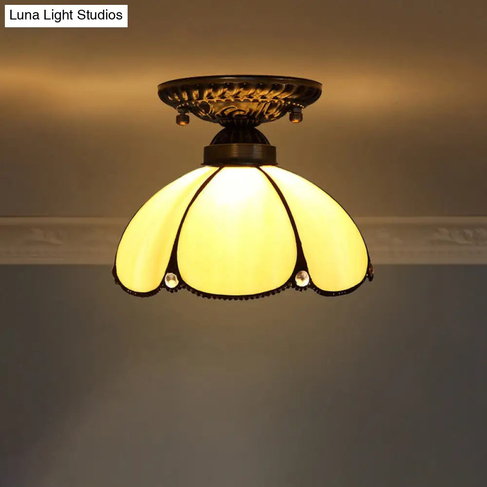 Stained Glass Dome Shade Semi Flush Mount Ceiling Light - Decorative 1-Light Yellow
