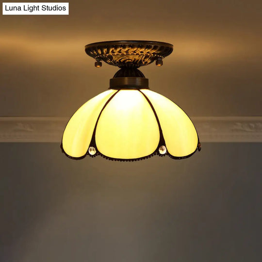 Stained Glass Dome Shade Semi Flush Mount Ceiling Light - Decorative 1-Light Yellow