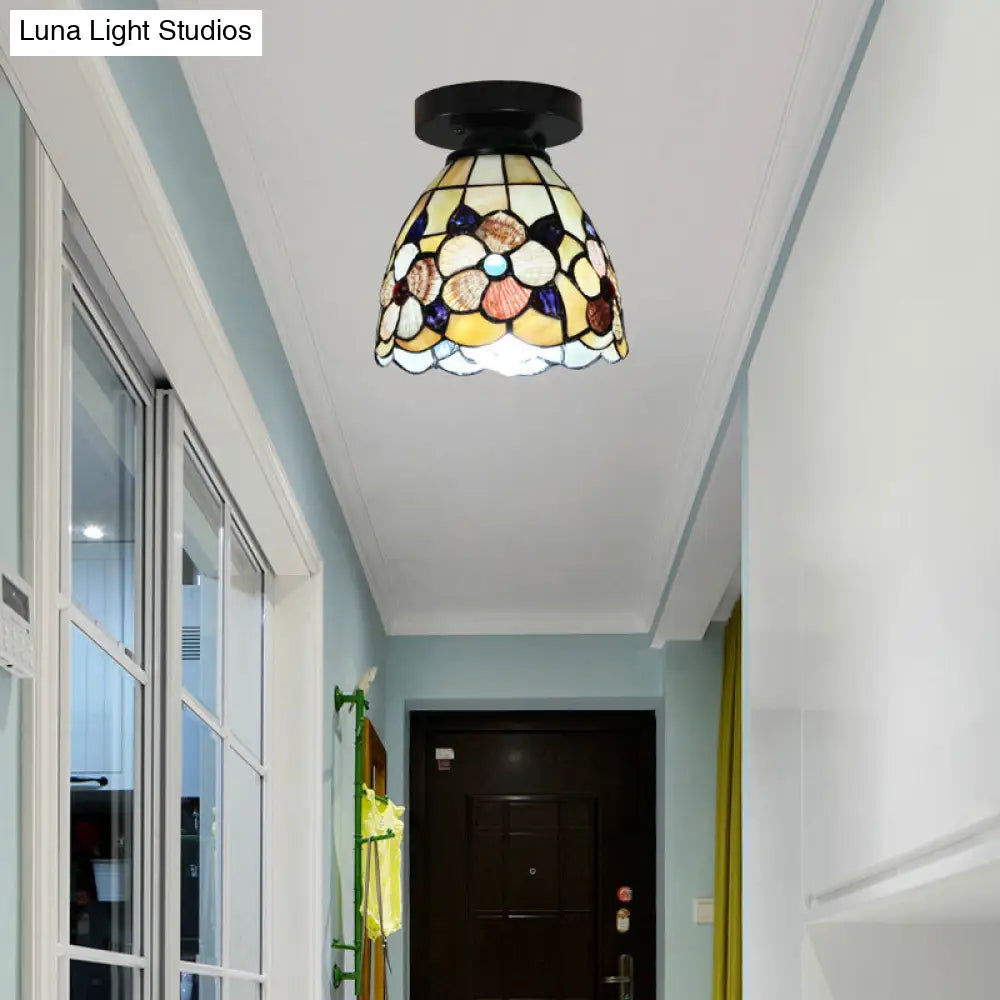 Stained Glass Flower Pattern Ceiling Light - Tiffany Style Flush Mount With 1 Bulb Black/Chrome