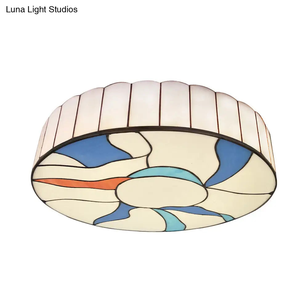 Stained Glass Flush Mount Ceiling Light In Modern Style - 16/19.5 White Drum Shade For Living Room