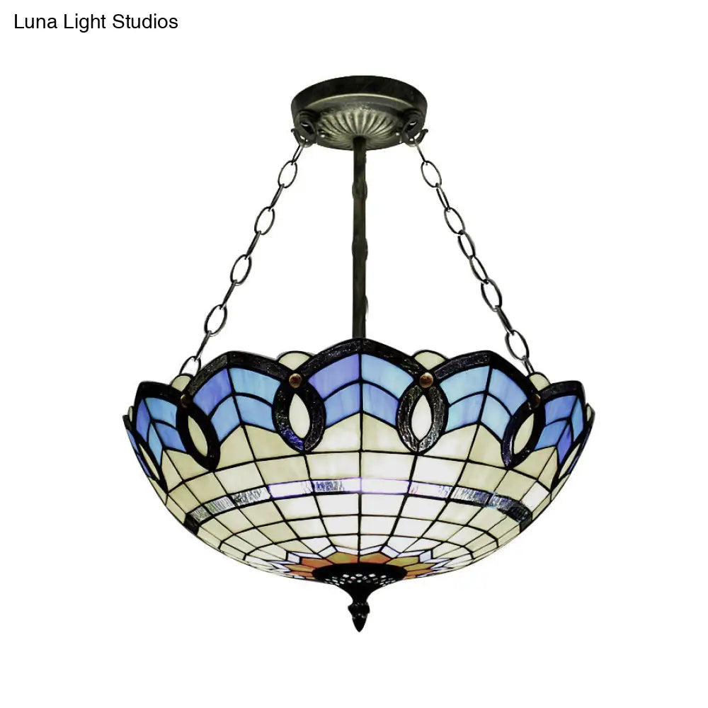 Stained Glass Inverted Ceiling Lamp - Tiffany Baroque Semi Flushmount Light In Beige/Yellow/Antique