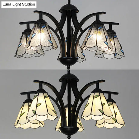 Stained Glass Leaf Chandelier With Adjustable Chain And Blue/Green Pendant