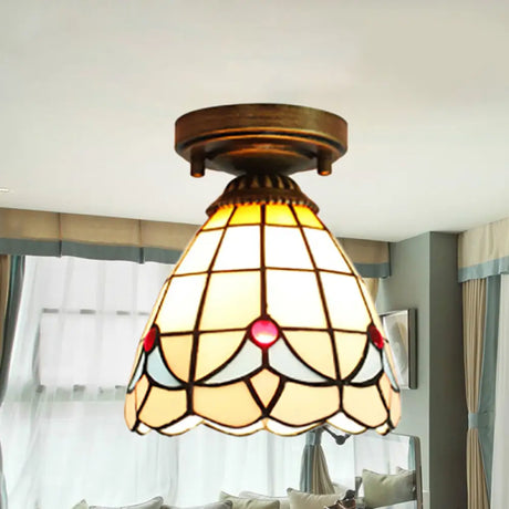 Stained Glass Magnolia Mini Flush Mount Ceiling Light For Bedroom Beige