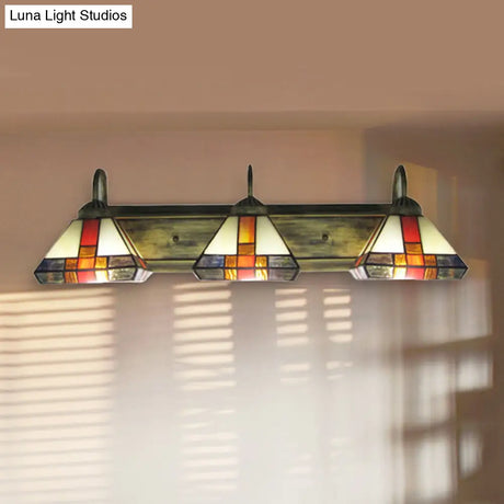 Stained Glass Mission Wall Sconce Light: Triple Light Cone Vanity Lamp In Aged Brass