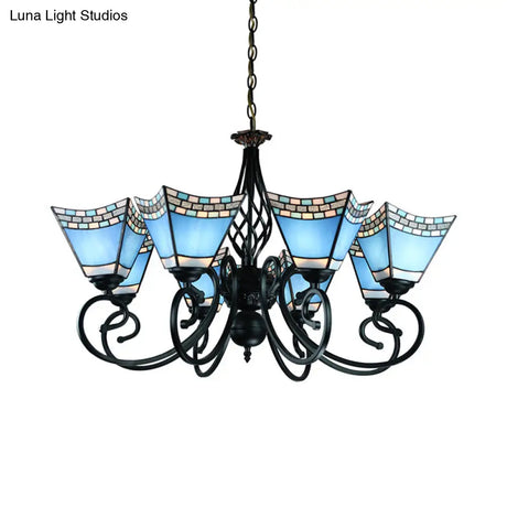 Stained Glass Nautical Chandelier With Pyramid Shade - Multi-Glass Living Room Lighting In Blue