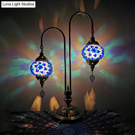 Stained Glass Night Light With 2 Heads In Traditional White/Yellow/Orange - Oval/Cup-Shape Bedside