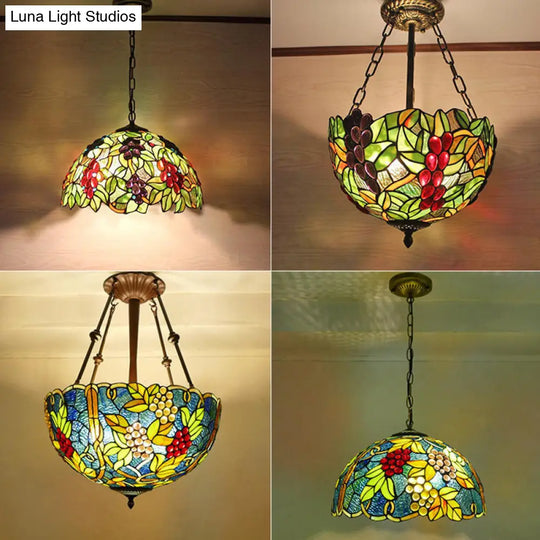 1Stained Glass Pendant Light Fixture With Decorative Dome Shade - Grape-Inspired Suspension Lighting