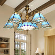 Stained Glass Pyramid Chandelier - 9-Light Mediterranean Fixture In Blue