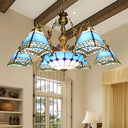 Stained Glass Pyramid Chandelier - 9-Light Mediterranean Fixture In Blue
