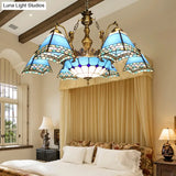 Stained Glass Pyramid Chandelier - 9-Light Mediterranean Fixture In Blue