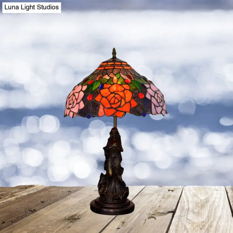Stained Glass Red/Orange Night Light Flowering Tiffany-Style Table Lamp With Angel Statue