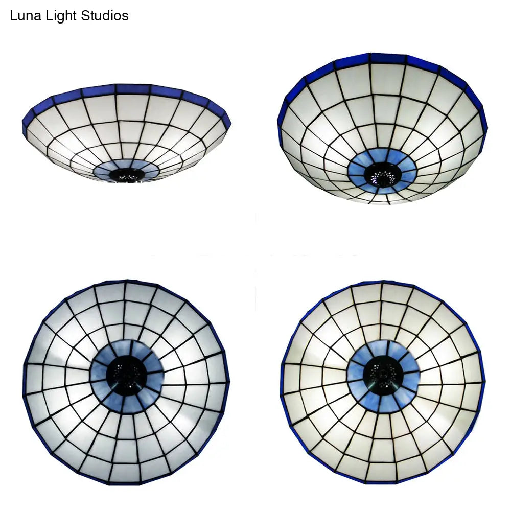 Stained Glass Round Ceiling Light Lodge Fixture - 12’/16’/19.5’ Flush Mount Orange/Blue