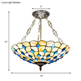 Stained Glass Semi Flush Ceiling Light With Jewel Decoration - Retro Style Yellow/Beige Various