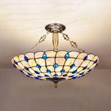 Stained Glass Semi Flush Ceiling Light With Jewel Decoration - Retro Style Yellow/Beige Various
