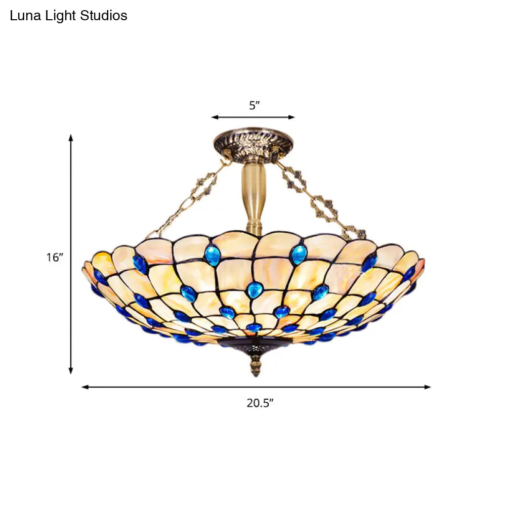 Stained Glass Semi Flush Ceiling Light With Jewel Decoration - Retro Style Yellow/Beige Various