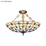 Stained Glass Semi Flush Ceiling Light With Jewel Decoration - Retro Style Yellow/Beige Various
