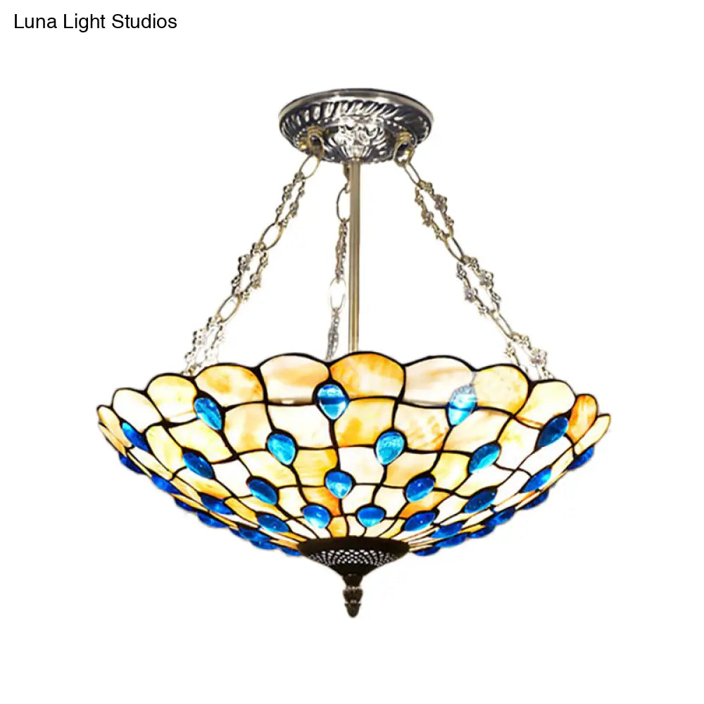 Stained Glass Semi Flush Ceiling Light With Jewel Decoration - Retro Style Yellow/Beige Various