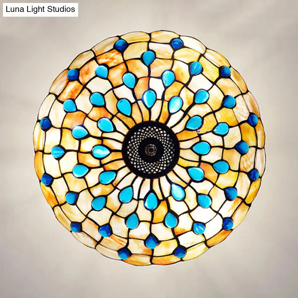 Stained Glass Semi Flush Ceiling Light With Jewel Decoration - Retro Style Yellow/Beige Various
