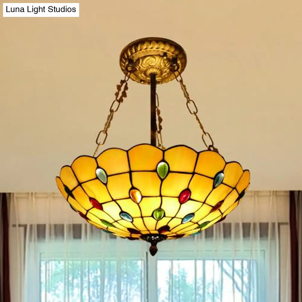 Stained Glass Semi Flush Ceiling Light With Jewel Decoration - Retro Style Yellow/Beige Various