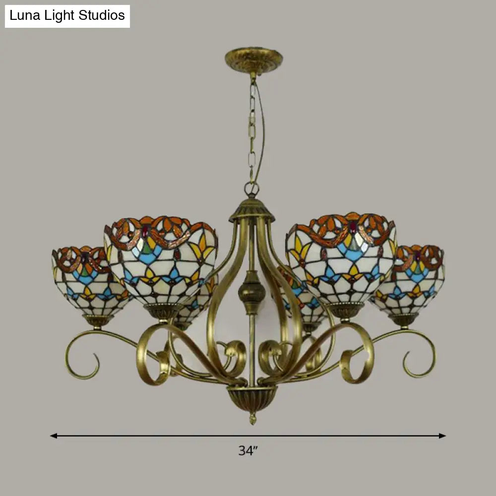 Stained Glass Tiffany Pendant Chandelier With Domed Shape - Antique Brass Finish 3/6/8 Lights