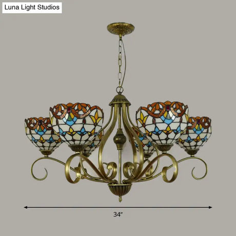 Stained Glass Tiffany Pendant Chandelier With Domed Shape - Antique Brass Finish 3/6/8 Lights