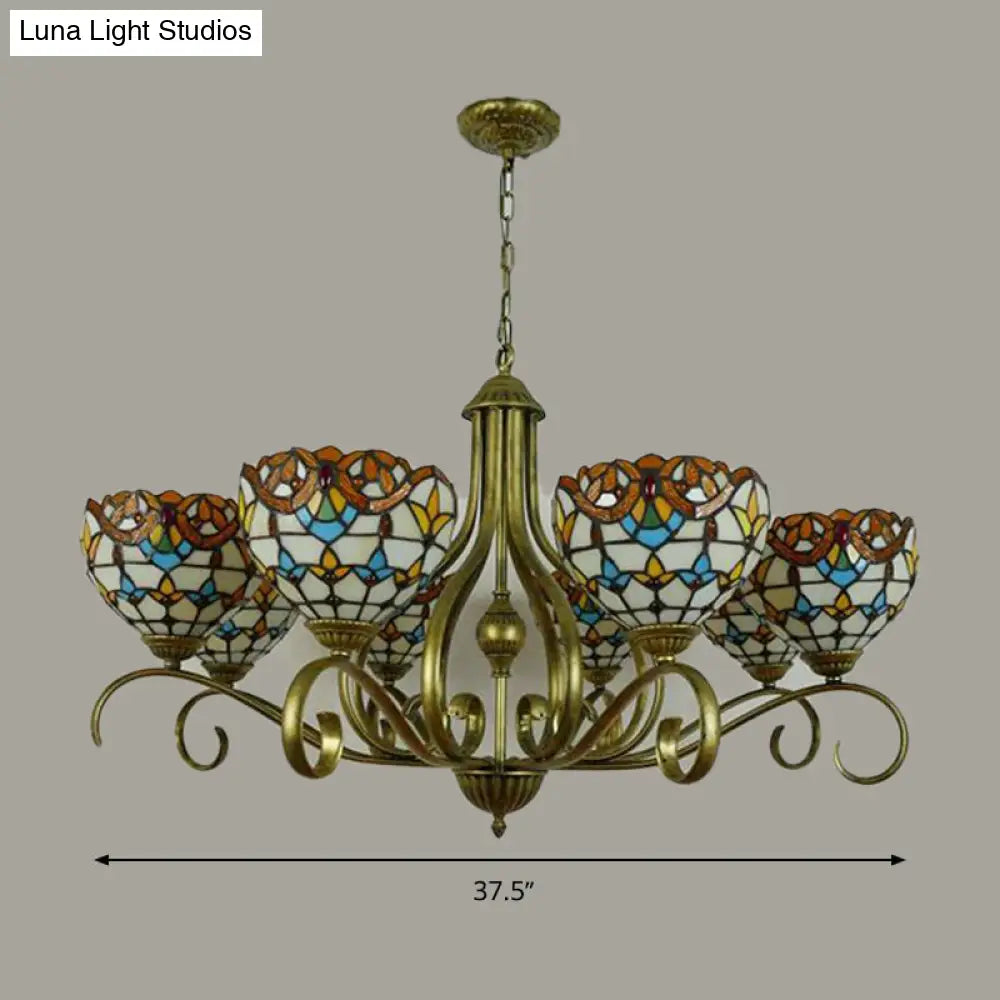 Stained Glass Tiffany Pendant Chandelier With Domed Shape - Antique Brass Finish 3/6/8 Lights