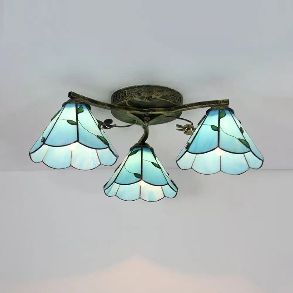 Stained Glass Tiffany Style Flushmount Light With 3 Lights - White/Clear/Blue/Beige Blue