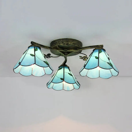 Stained Glass Tiffany Style Flushmount Light With 3 Lights - White/Clear/Blue/Beige Blue