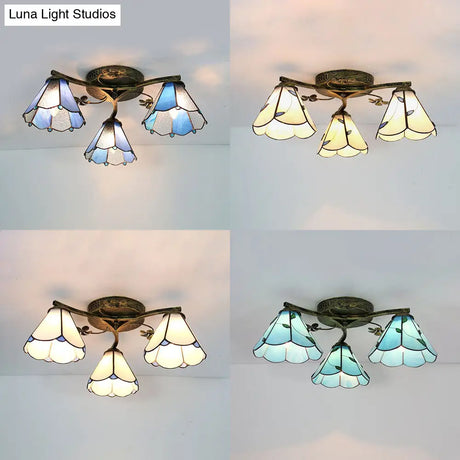 Stained Glass Tiffany Style Flushmount Light With 3 Lights - White/Clear/Blue/Beige