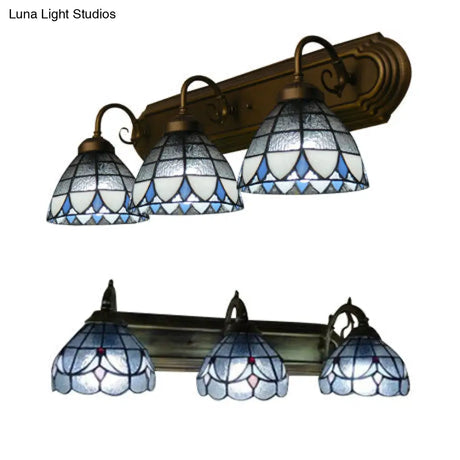 Stained Glass Vintage Vanity Light - Dome Wall Mount With Curved/Arc Arm 3 Lights For Bathroom