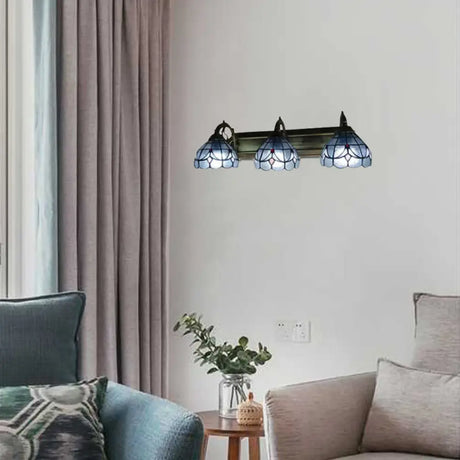 Stained Glass Vintage Vanity Light - Dome Wall Mount With Curved/Arc Arm 3 Lights For Bathroom Blue